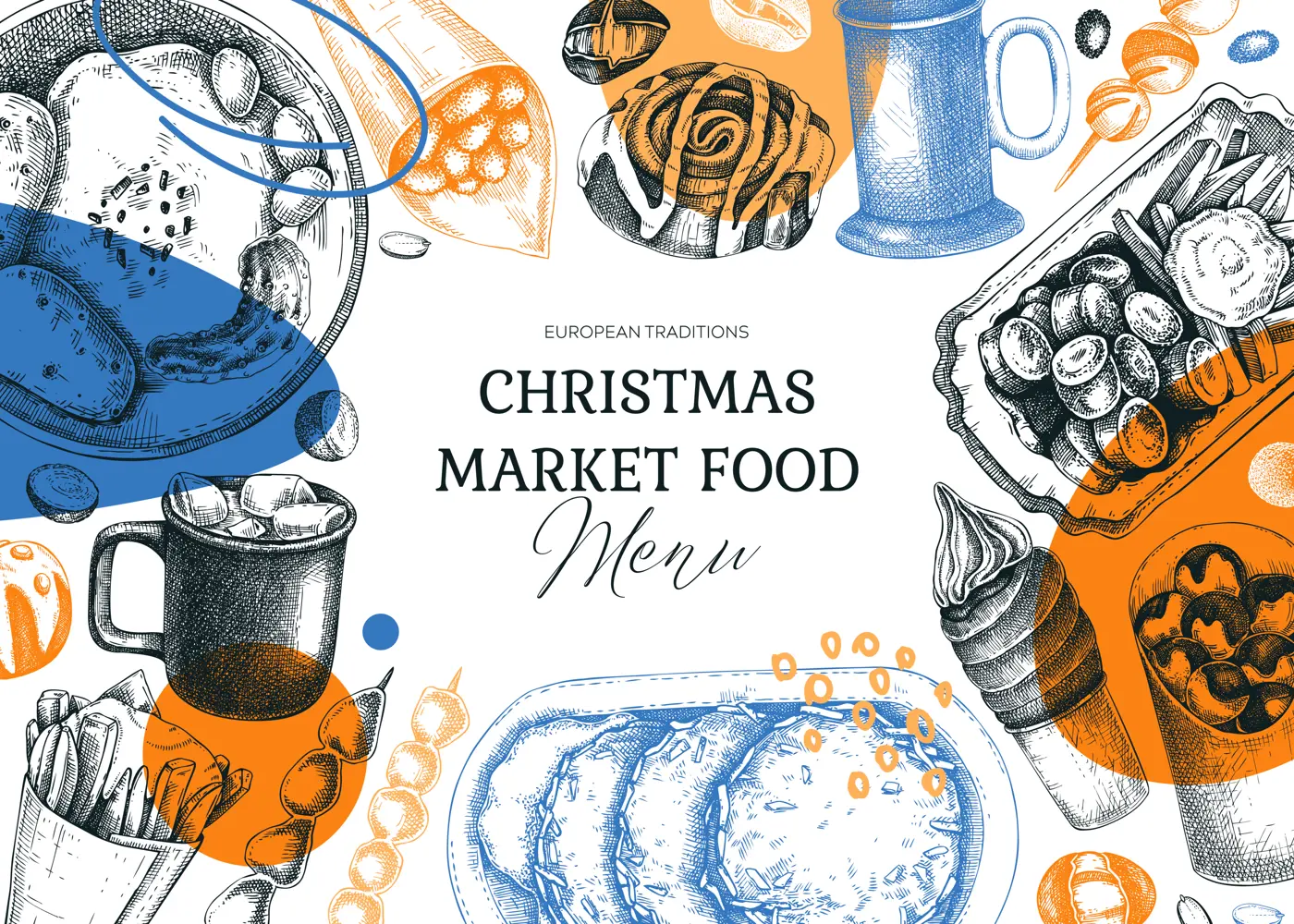 Collage style street food and drink background. European Christmas market pastries, sweets, grilled meat, raclette, hot drinks sketches. Hand-drawn vector illustration. Fast food trendy menu design Illustration